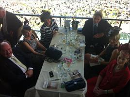Derby Day at Flemington in the Peak restaurant ( L to R ) Tony Amadei, Clare Hawkes, Jane Barham, Chris Barham, Jane Hawkes and Jenny Hawkes